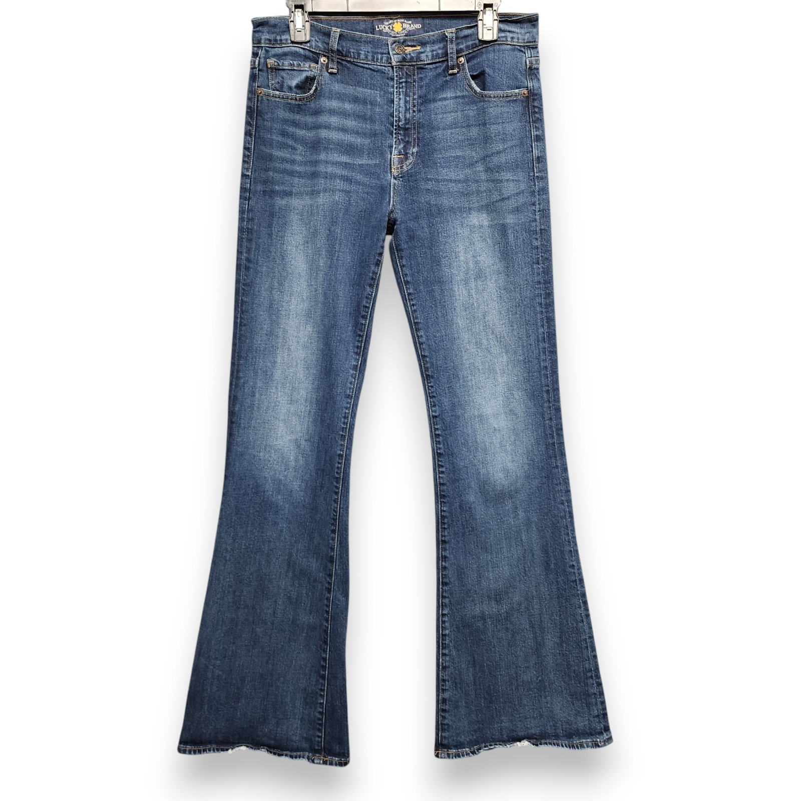 Lucky Brand Olivia Flare Jeans Womens 10 Blue Whiskered Cotton Stretch Denim